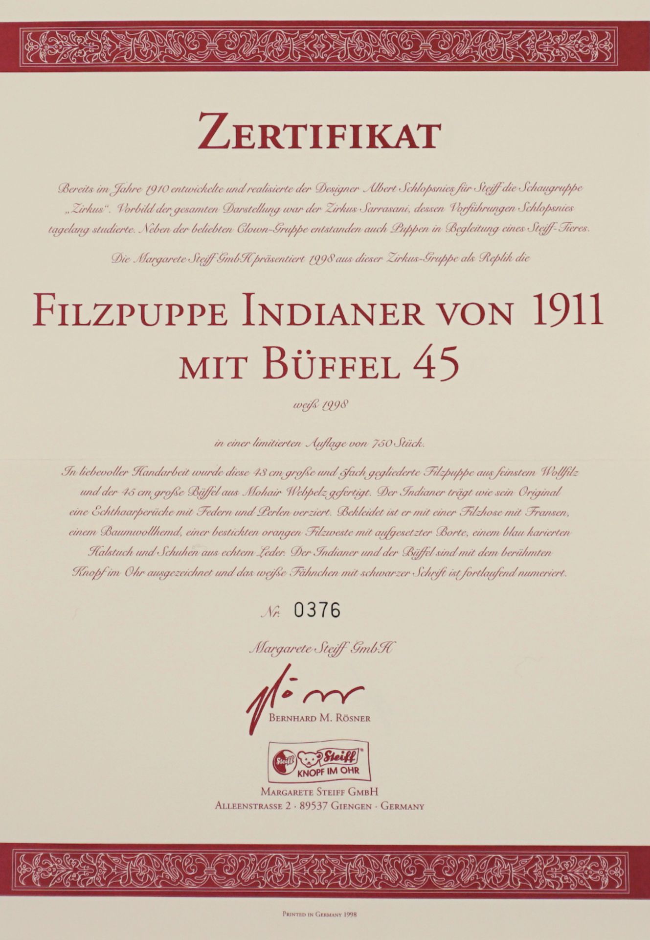 1 Set Replika/STEIFF-Figuren "Filzpuppe Indianer 1911" ca. H 38cm mit "Büffel 1998" L ca. 47cm, - Bild 3 aus 4
