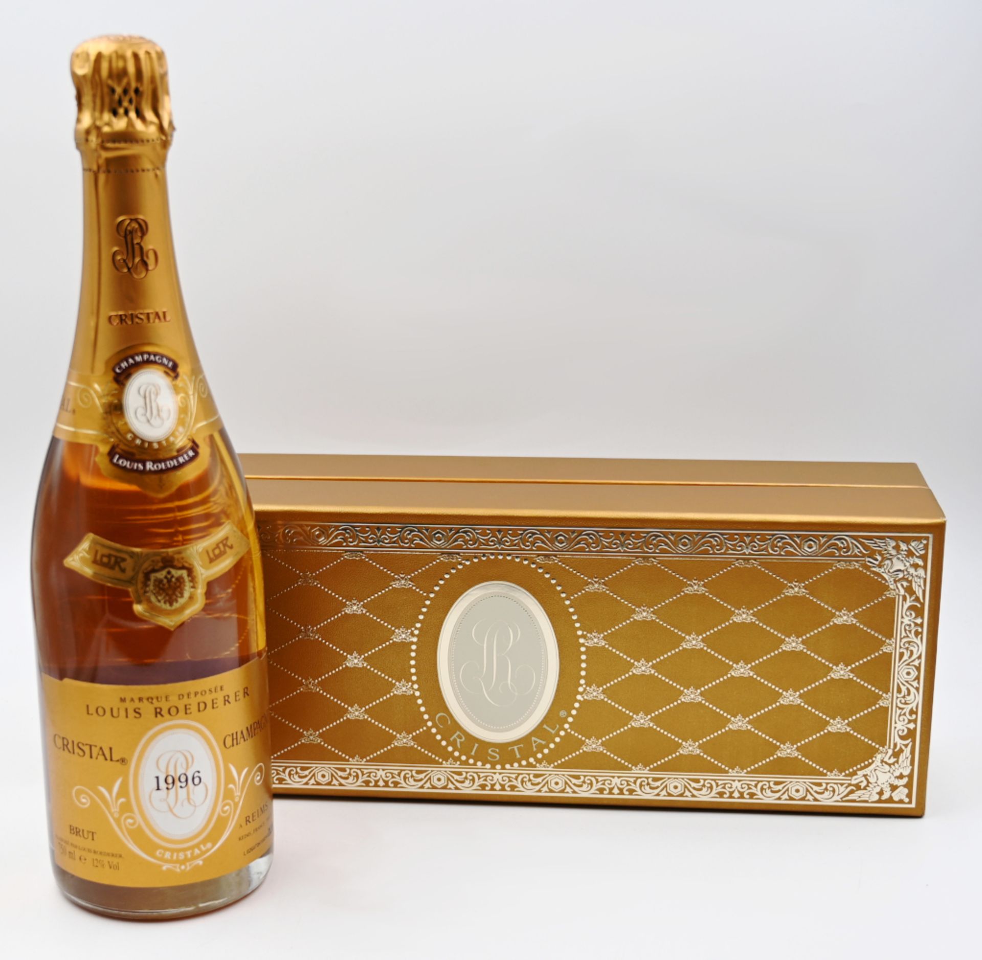 1 Flasche Champagner "Louis ROEDERER Christal 1996" im Karton gut erhalten, Asp.