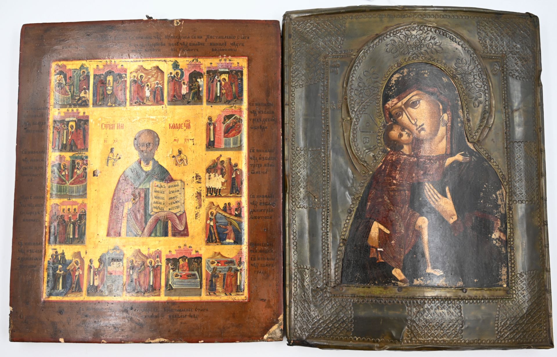 2 Ikonen wohl 19./20. Jh.: "Gottesmutter von Wladimir" mit Metalloklad ca. 32,5x25,5cm