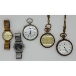 1 Taschenuhr Silber 800, 2 Taschenuhren Metall, 2 Armbanduhren Edelstahl/ Metall z.T. vergoldet, jew