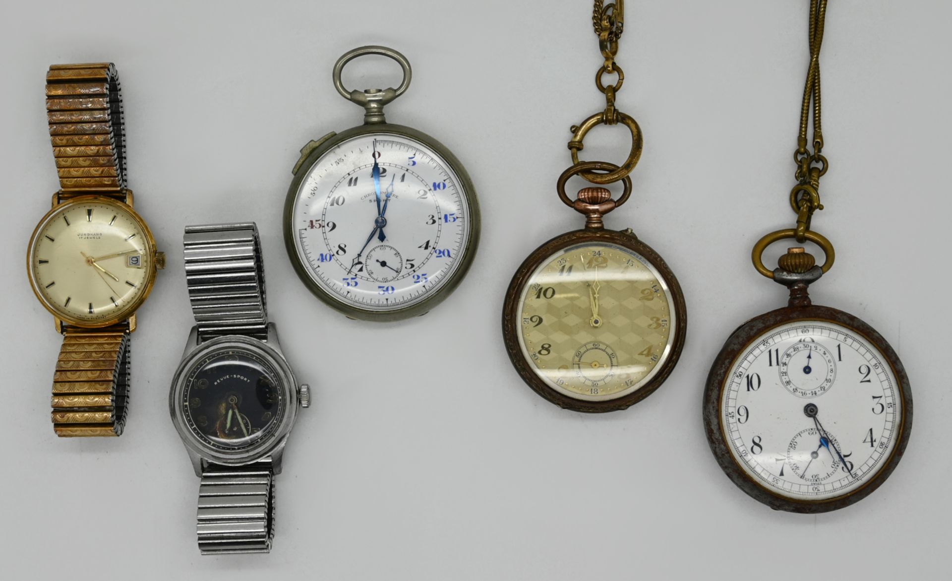 1 Taschenuhr Silber 800, 2 Taschenuhren Metall, 2 Armbanduhren Edelstahl/ Metall z.T. vergoldet, jew