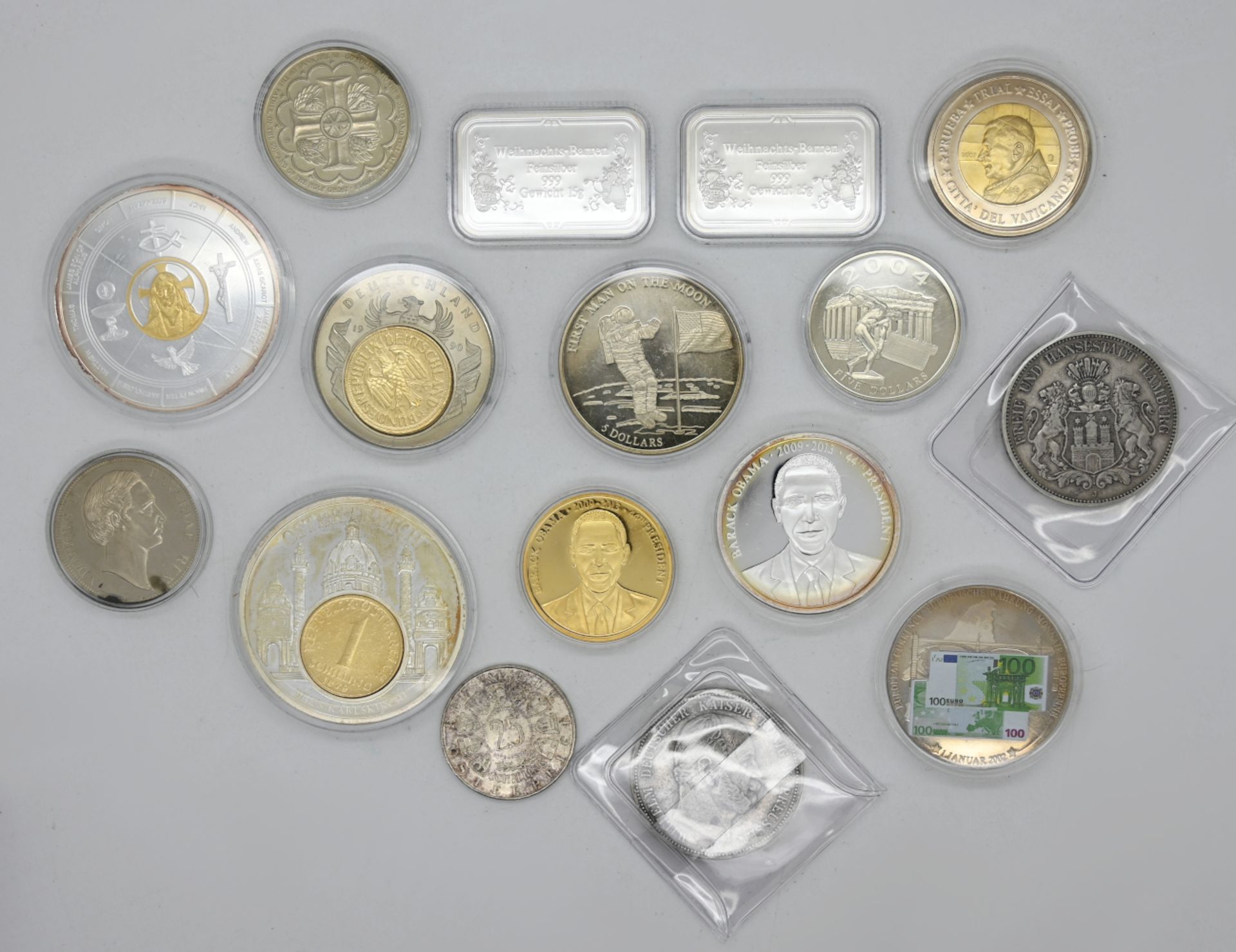 1 Konvolut Münzen/ Medaillen/ Barren: Silber/ Metall, Deutsches Reich 5 Mark, Obama, Nürnberg u.a.,
