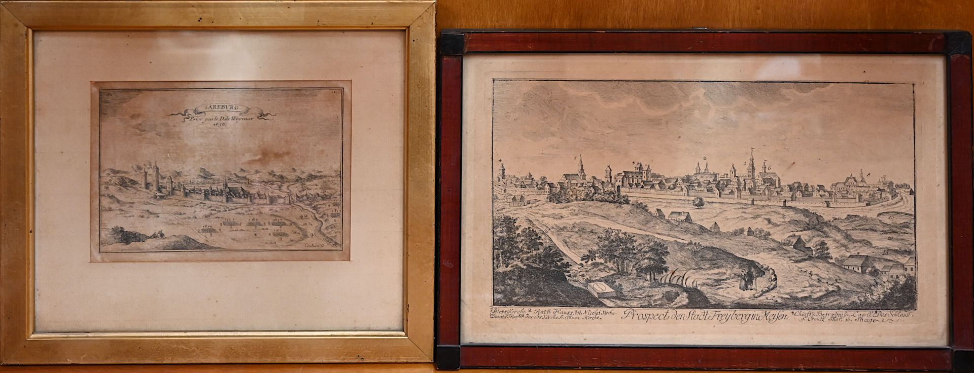 2 Kupferstiche z.T. wohl 17. Jh.: "Sareburg. Prise par le D. de Weymar" dat. 1636, ca. 11x15cm