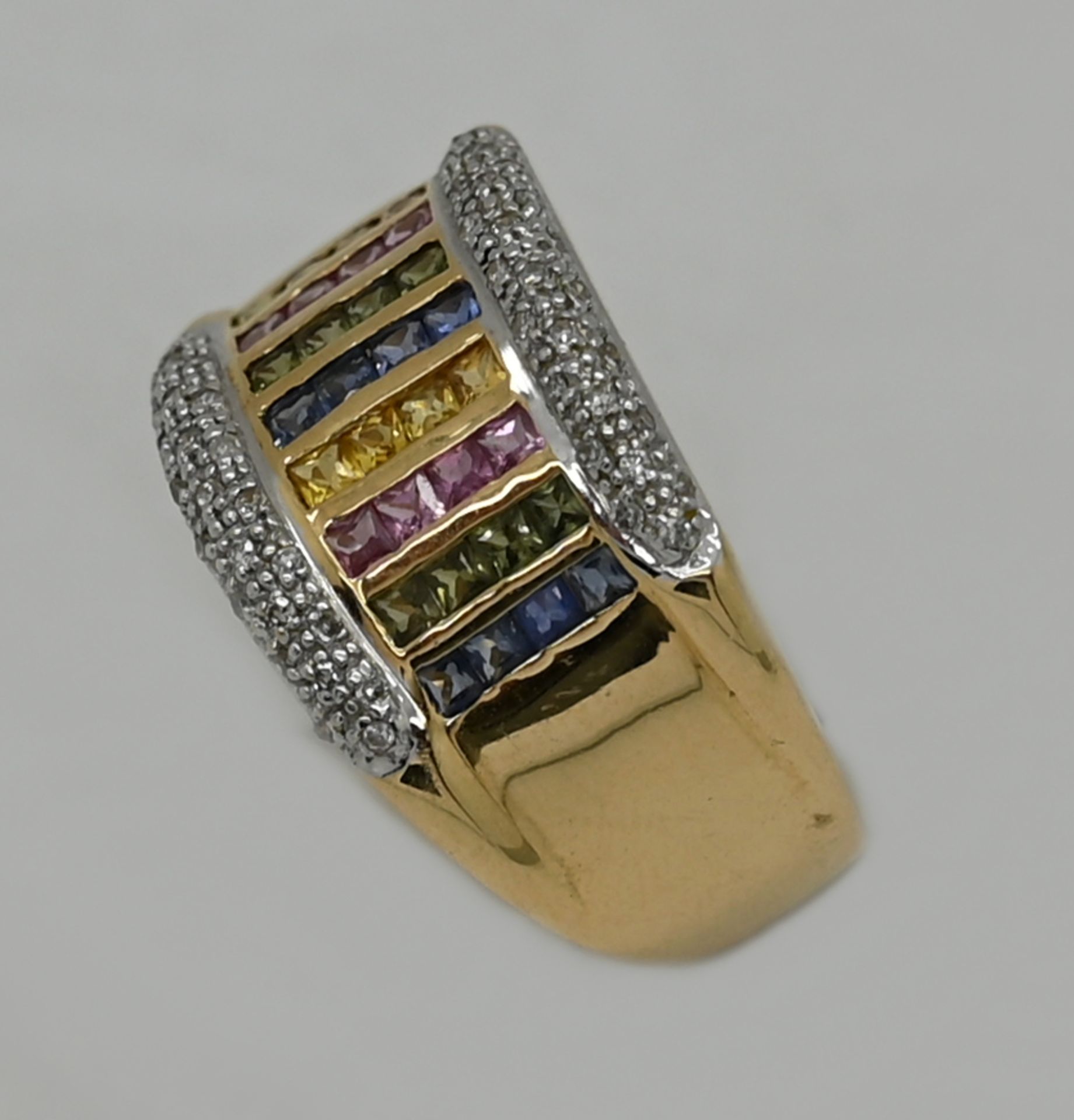1 Damenring GG 14ct. mit multicolor Edelsteinen sowie Diamanten, Ringgröße ca. 66, min. Tsp. - Bild 2 aus 2