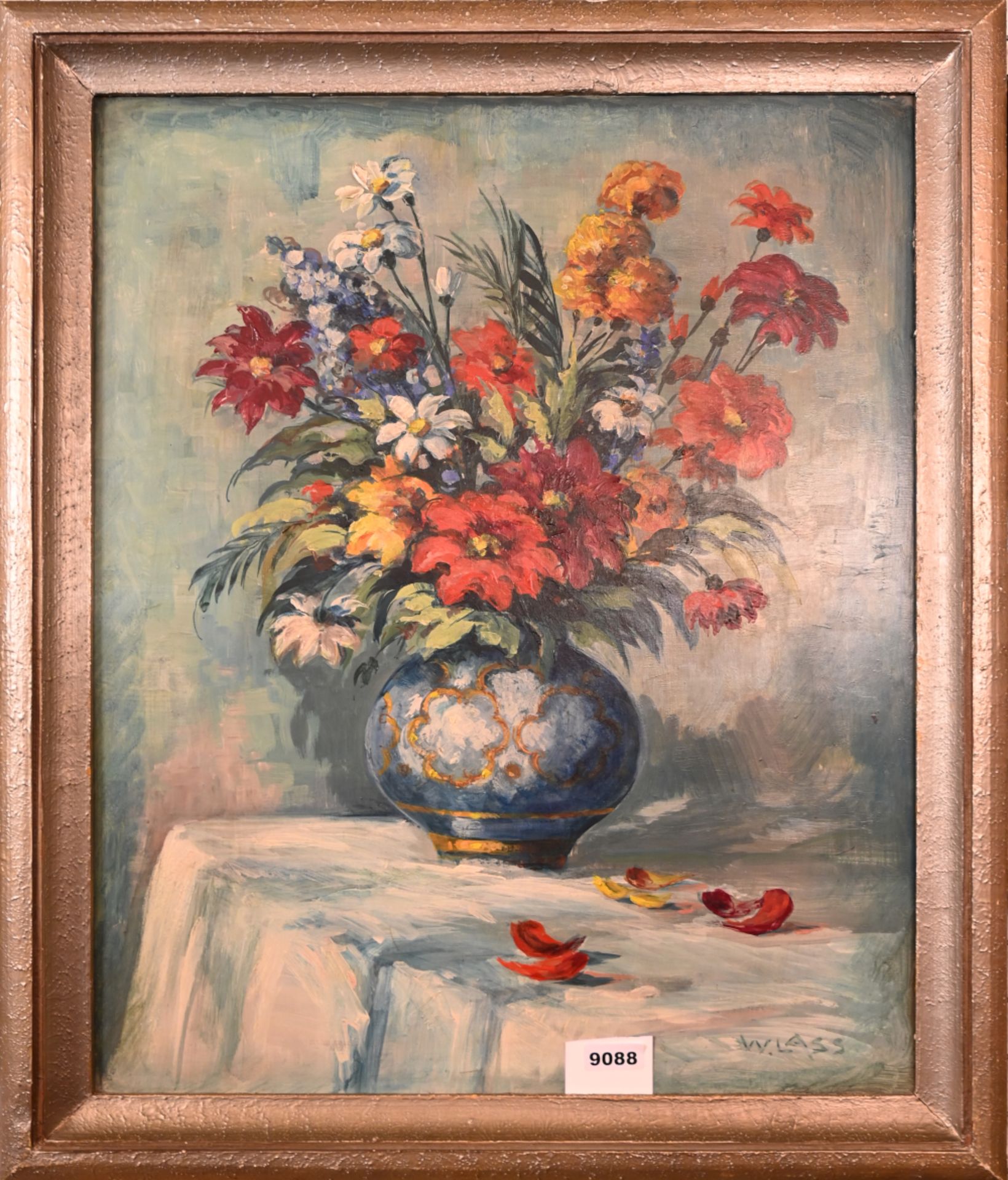 2 Ölgemälde 20. Jh.: 1x r.u. sign. W. LASS "Blumenstillleben in Vase" Öl/Platte ca. 77x62cm, Rahmen