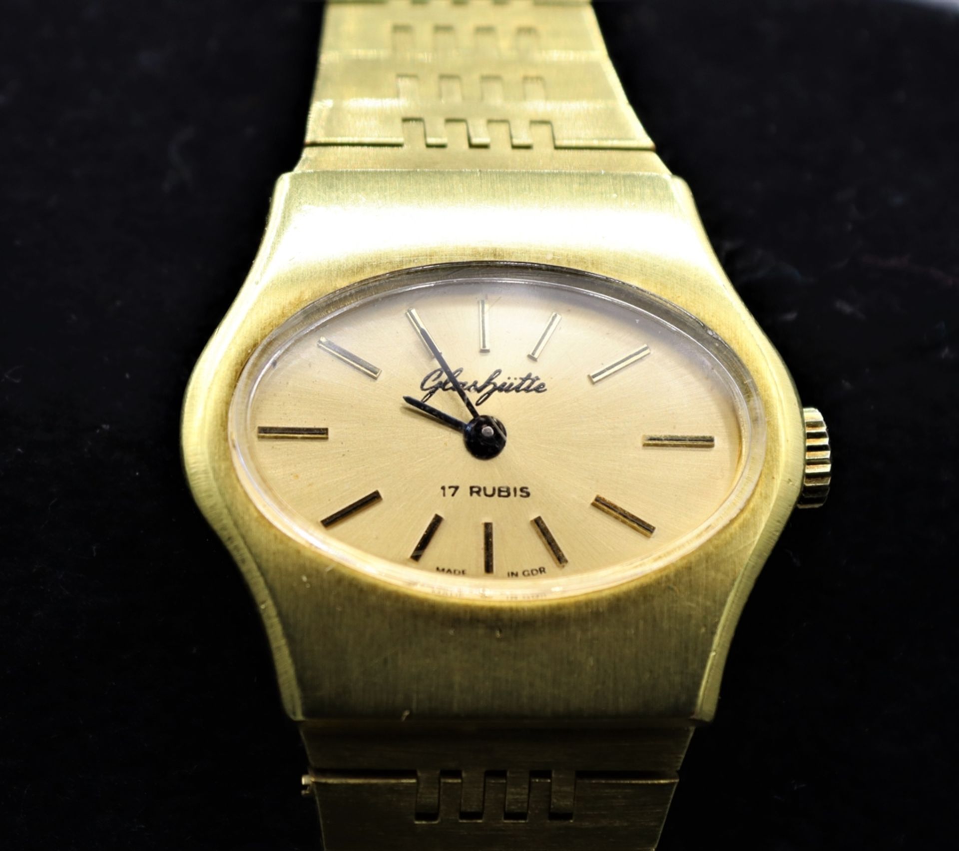 Damen Armbanduhr Gold Double, Marke Glashütte 70er Jahre, gelagert mit 17 Rubis (Rubine), umlaufend - Bild 2 aus 2