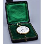 Taschenuhr 585er Gold, sogen. Frackuhr um 1900, Etui original, Zifferblatt weiß, Emaille mit römisc