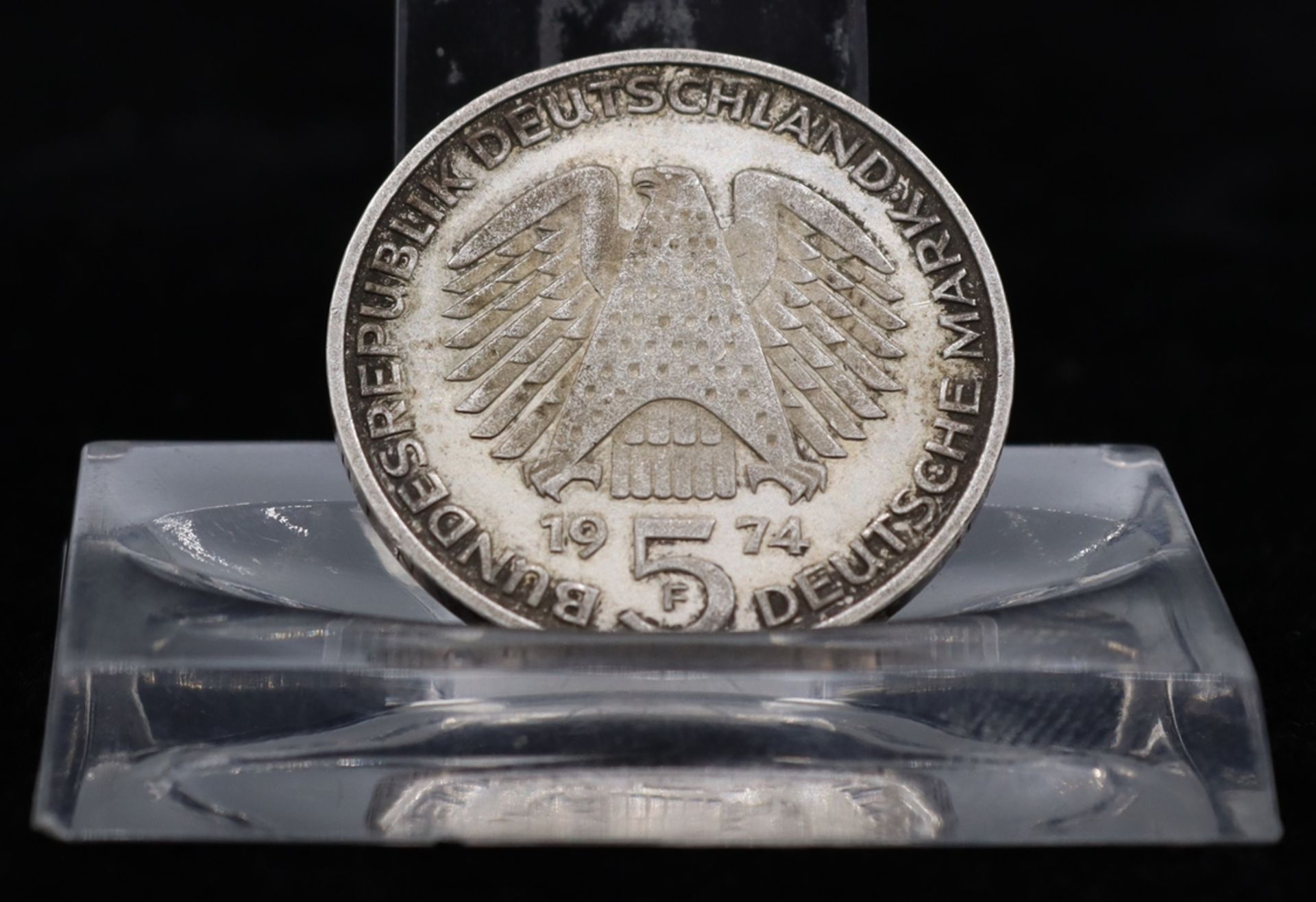 Silbermünze 5 Mark 1974, 25 Jahre Grundgesetz Bundesrepublik, Prägung F für Stuttgart, Umlaufmünze,