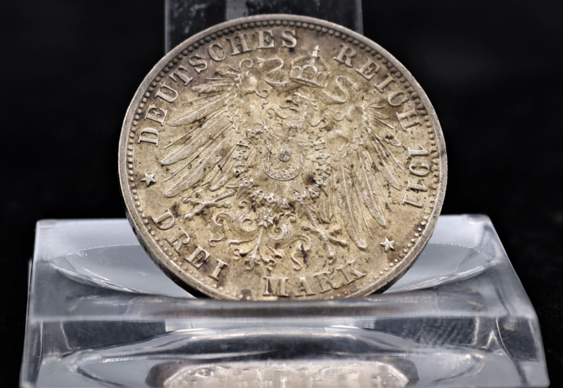 Silbermünze 3 Reichsmark 1911 Württemberg, Prägung F für Stuttgart, Umlaufmünze,