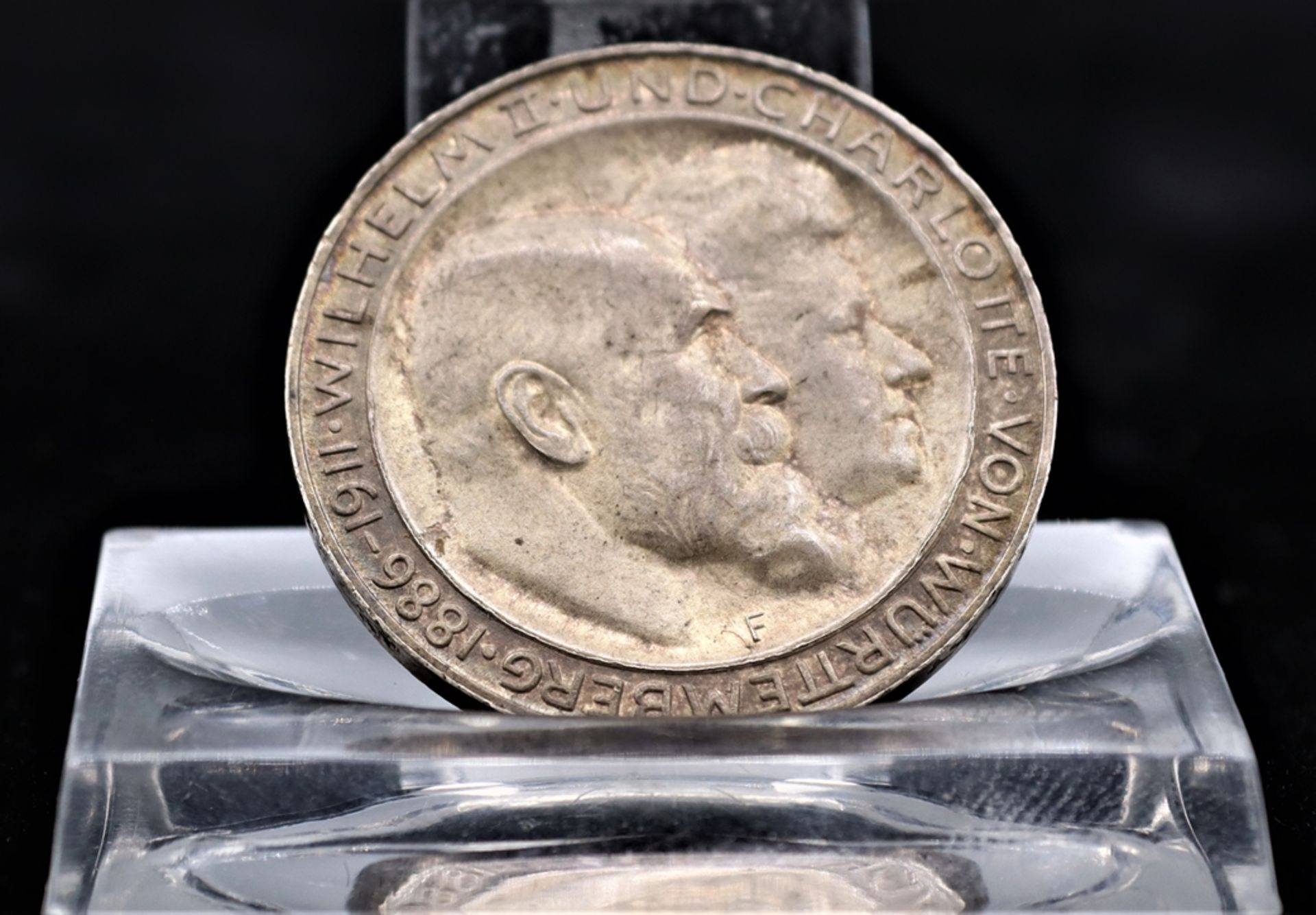 Silbermünze 3 Reichsmark 1911 Württemberg, Prägung F für Stuttgart, Umlaufmünze, - Bild 2 aus 2