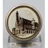 Pillendose um 1920, Metall vernickelt mit Abb. Rathaus Rothenburg auf der Tauber, zweiteilig, Foto-