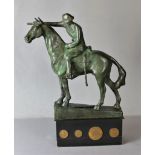 "Reiter zu Pferd", grün patinierte Bronze Skulptur, sign. M.v. Rosen gleich Maud von Rosen geb.: 19