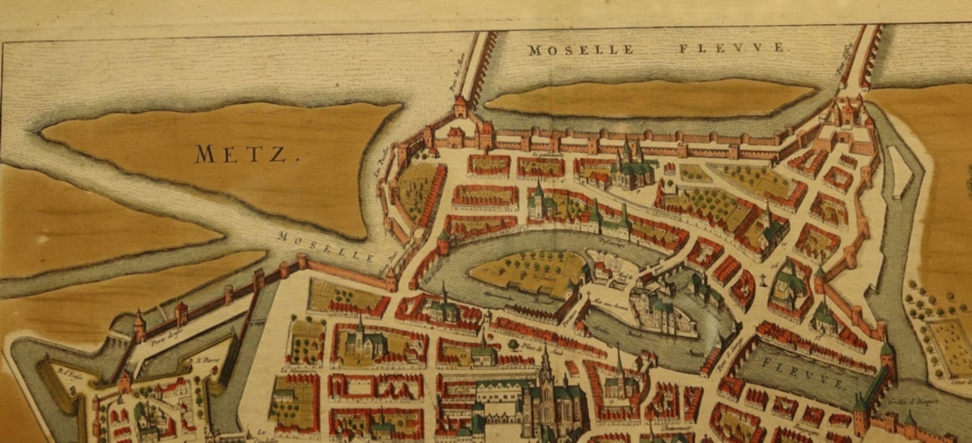 Kolorierter Kupferstich, Metz Stadtansicht 18.Jh., handkoloriertes Blatt, Rahmen später - Bild 2 aus 2