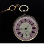 Herren Schlüsseltaschenuhr um 1900, 800er Silber, kleine Sekunde, Ziffernblatt lila weiß, Emaille m