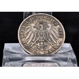 Silbermünze 3 Reichsmark 1909 Württemberg, Prägung F für Stuttgart, Umlaufmünze,