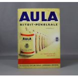 Werbeschild um 1950-60, bunt gestaltetes Blech Werbeschild 'Aula', Nitrit-Pökelsalz, Siebdruckverfa