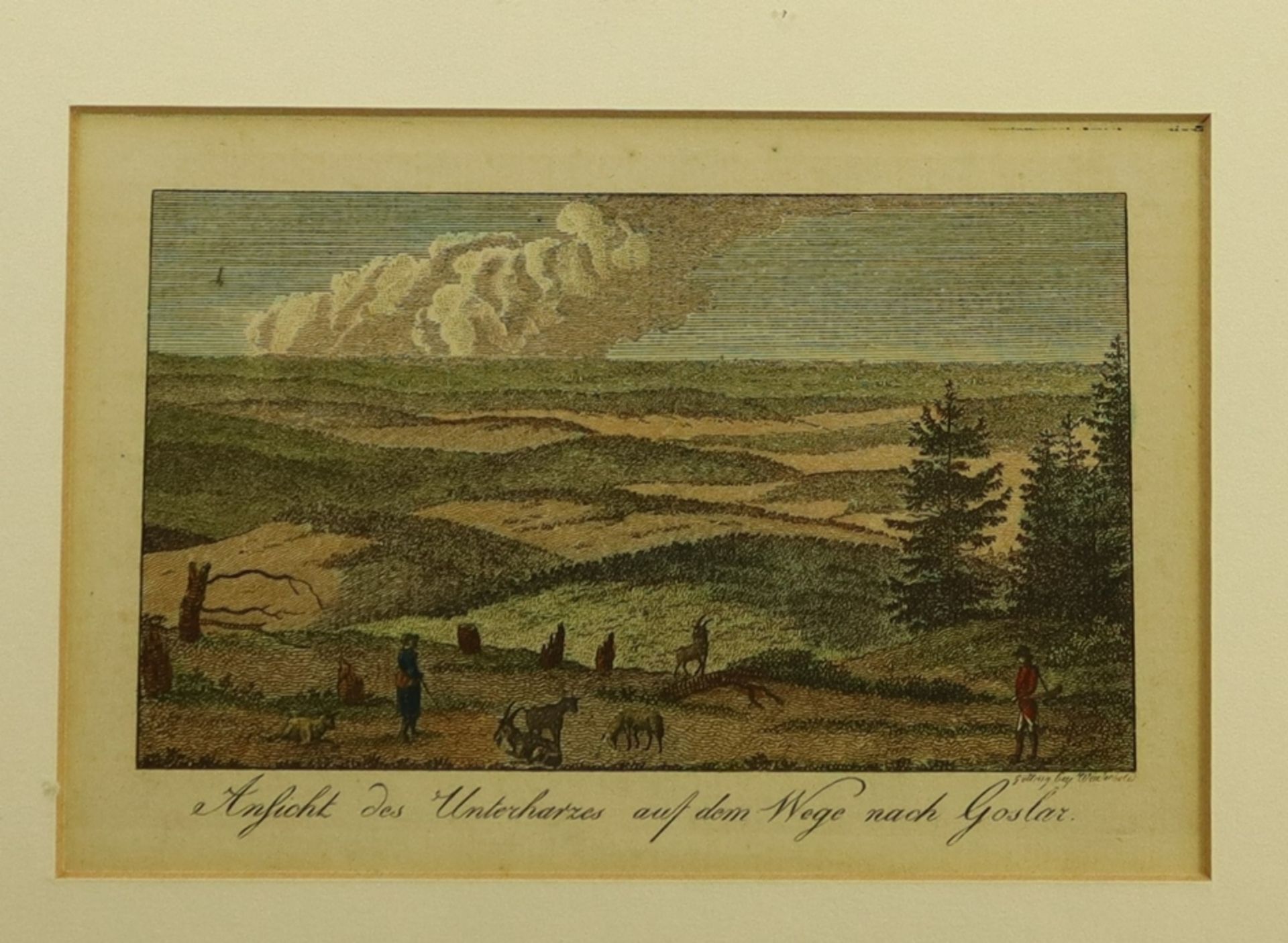 Colorierter Kupferstich 19.Jh.,  Ansicht des Unterharzes auf dem Wege nach Goslar,  - Bild 2 aus 2