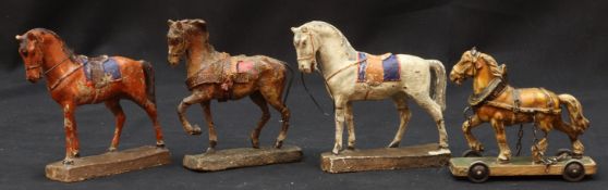 Spielzeug, vier Massefiguren - Pferde, Hersteller Lineol Germany vor 1945, Deutsch