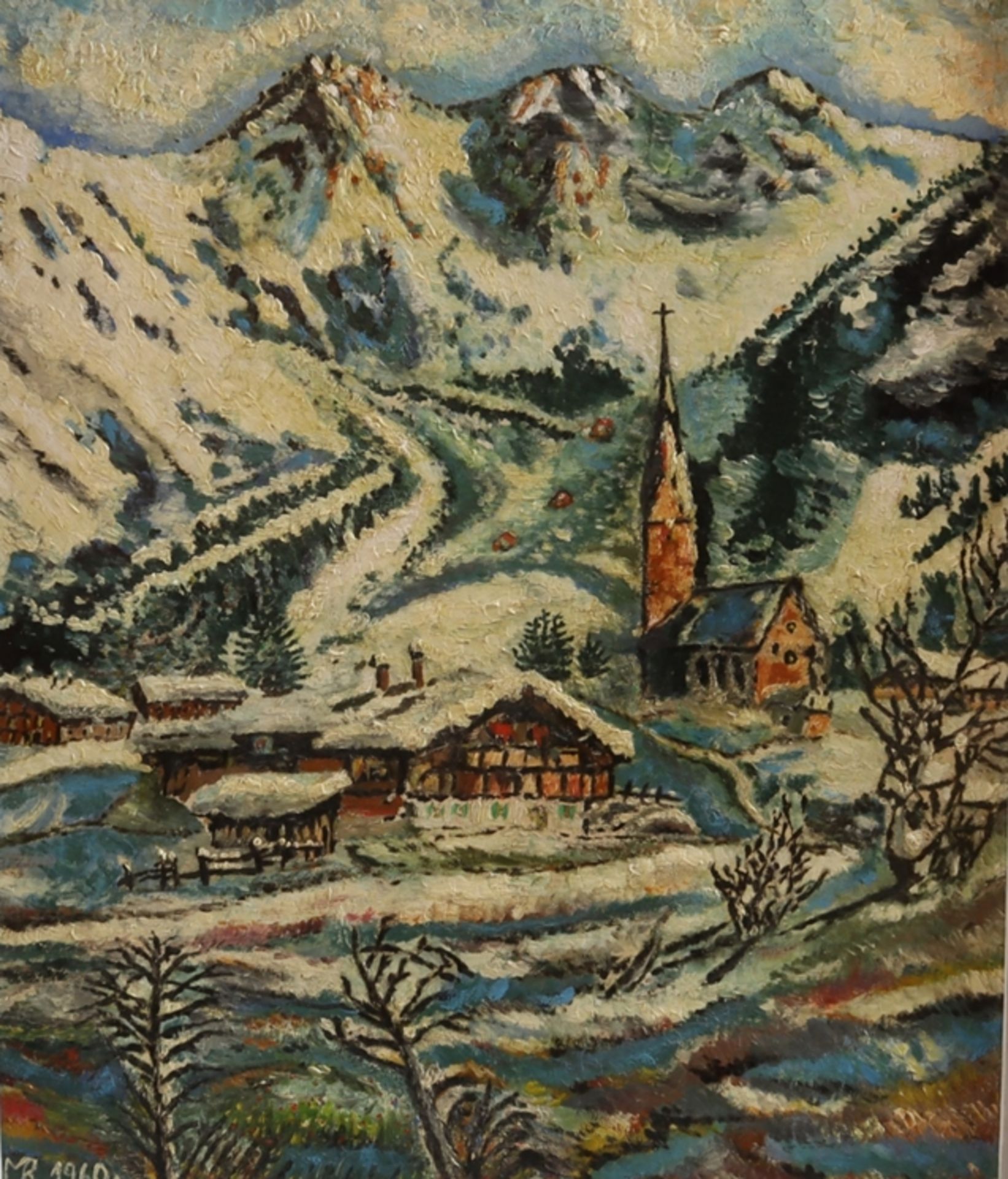 Ölgemälde, süddeutsche Gebirgslandschaft, Monogramm MB 1960 - Bild 2 aus 3