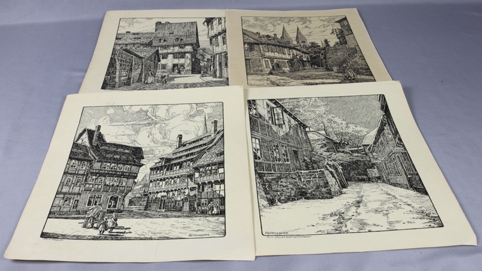 4 Lithographien mit Ansichten von Alt-Halberstadt, 20.Jh.