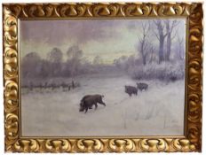 Ölgemälde, Horde Wildschweine im Winter, Anton Mötsch, geb.:1869-1940
