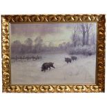 Ölgemälde, Horde Wildschweine im Winter, Anton Mötsch, geb.:1869-1940