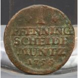 1 Pfennig Scheide Münze Jahrgang 1755, Deutsch