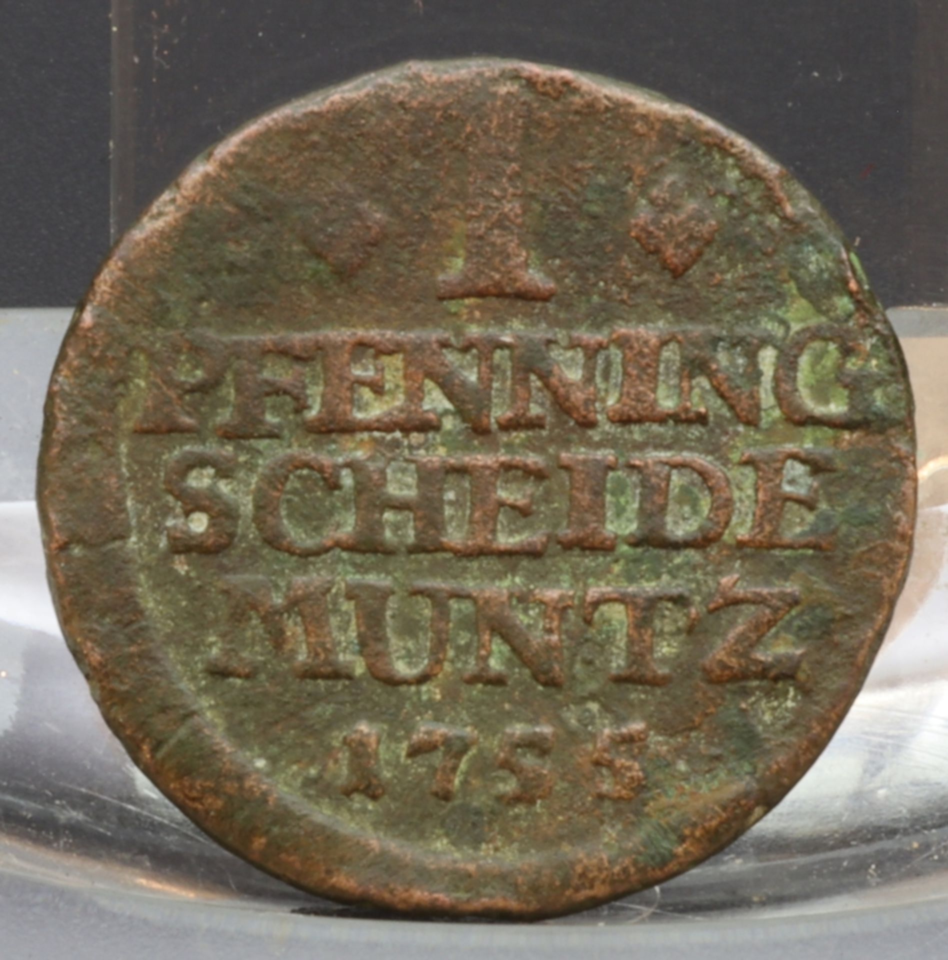 1 Pfennig Scheide Münze Jahrgang 1755, Deutsch