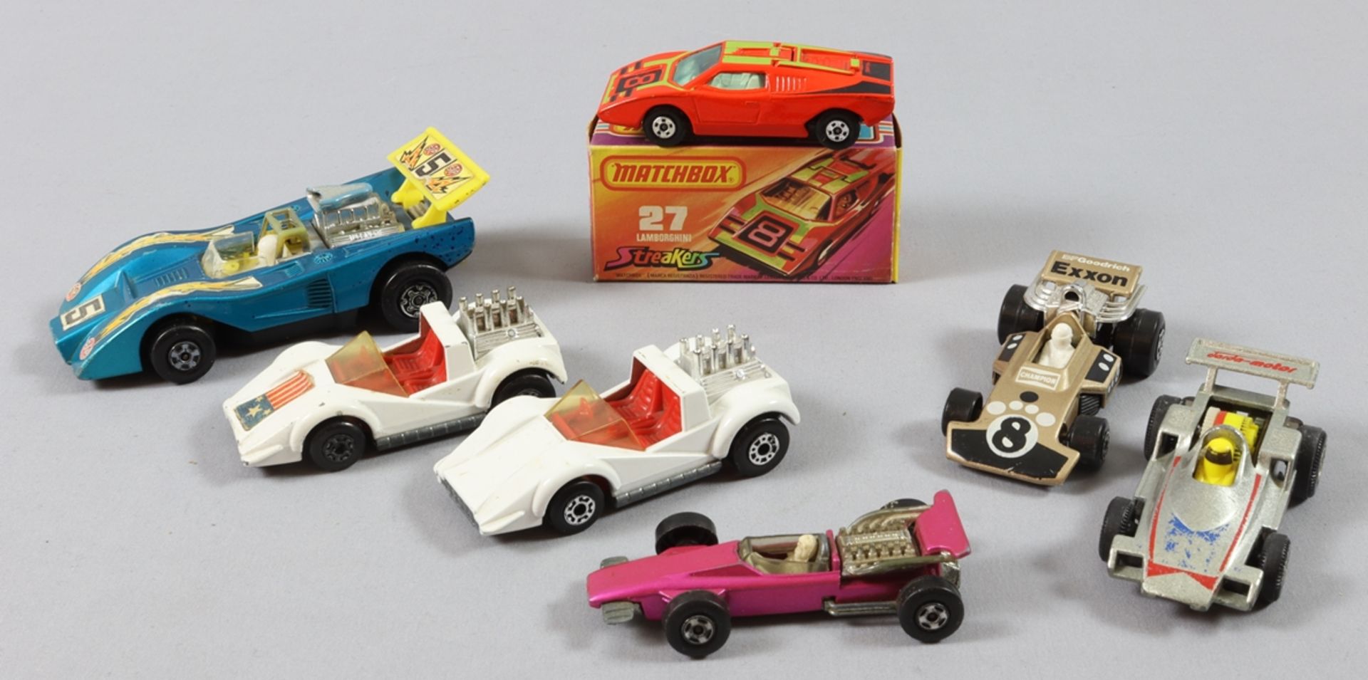 Spielzeug,7 Matchbox Rennwagen, 2. Hälfte des 20.Jh.