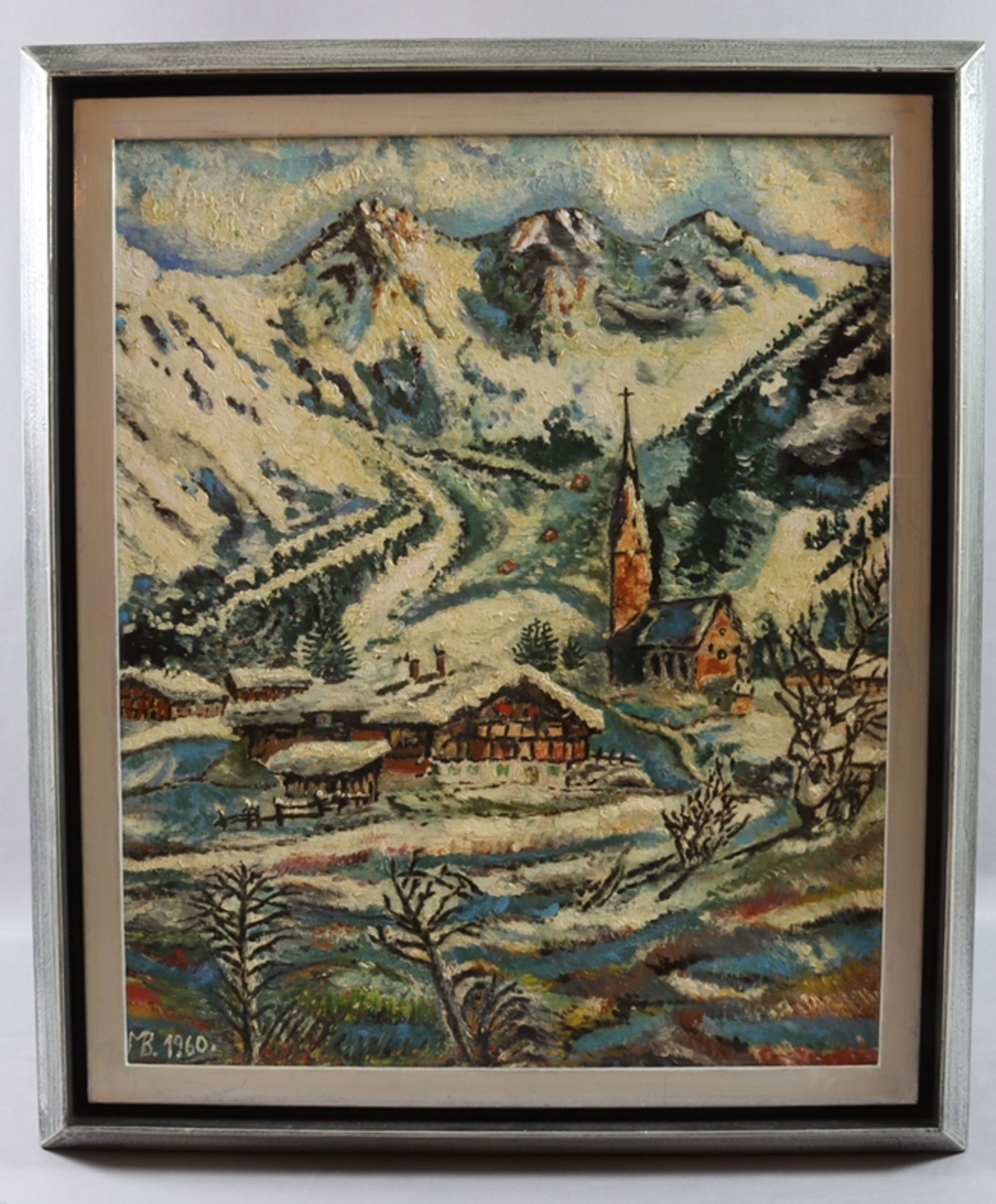 Ölgemälde, süddeutsche Gebirgslandschaft, Monogramm MB 1960