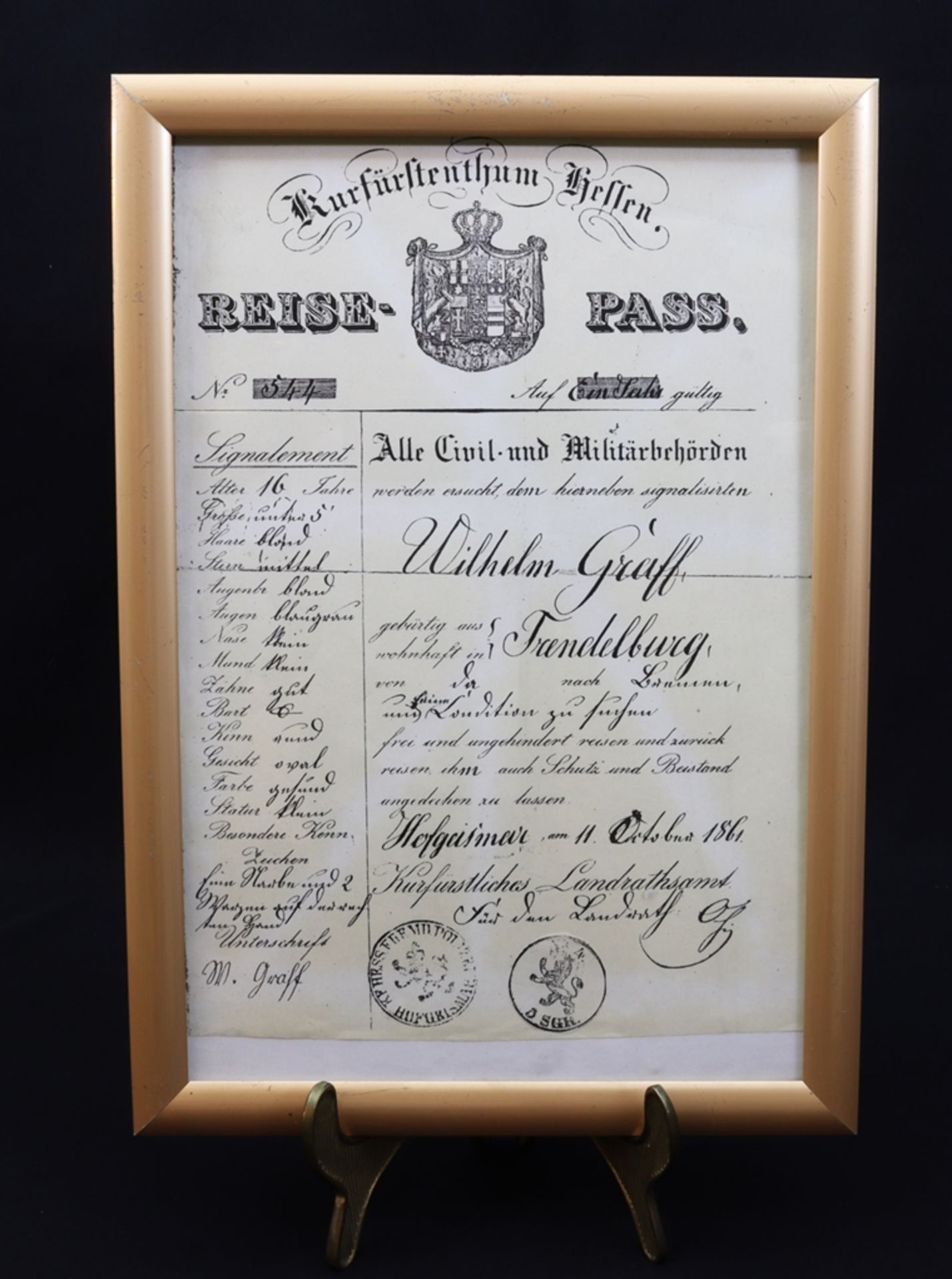 Kurfürstlicher Reisepass Hessen, v. 1861, Deutsch