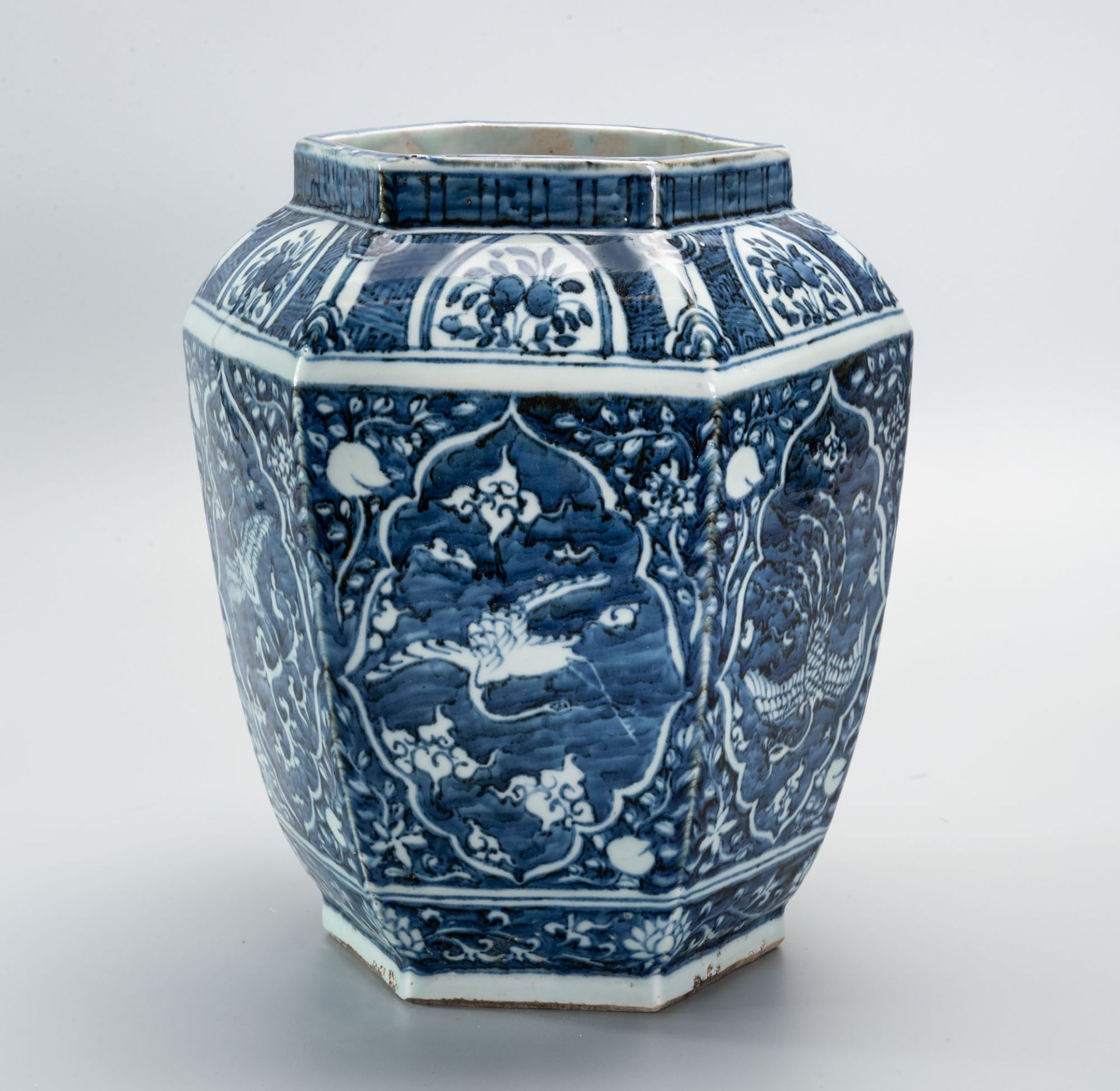 A Large Blue and White underglaze Porcelain Hexagonal Vase, China, 17th Century