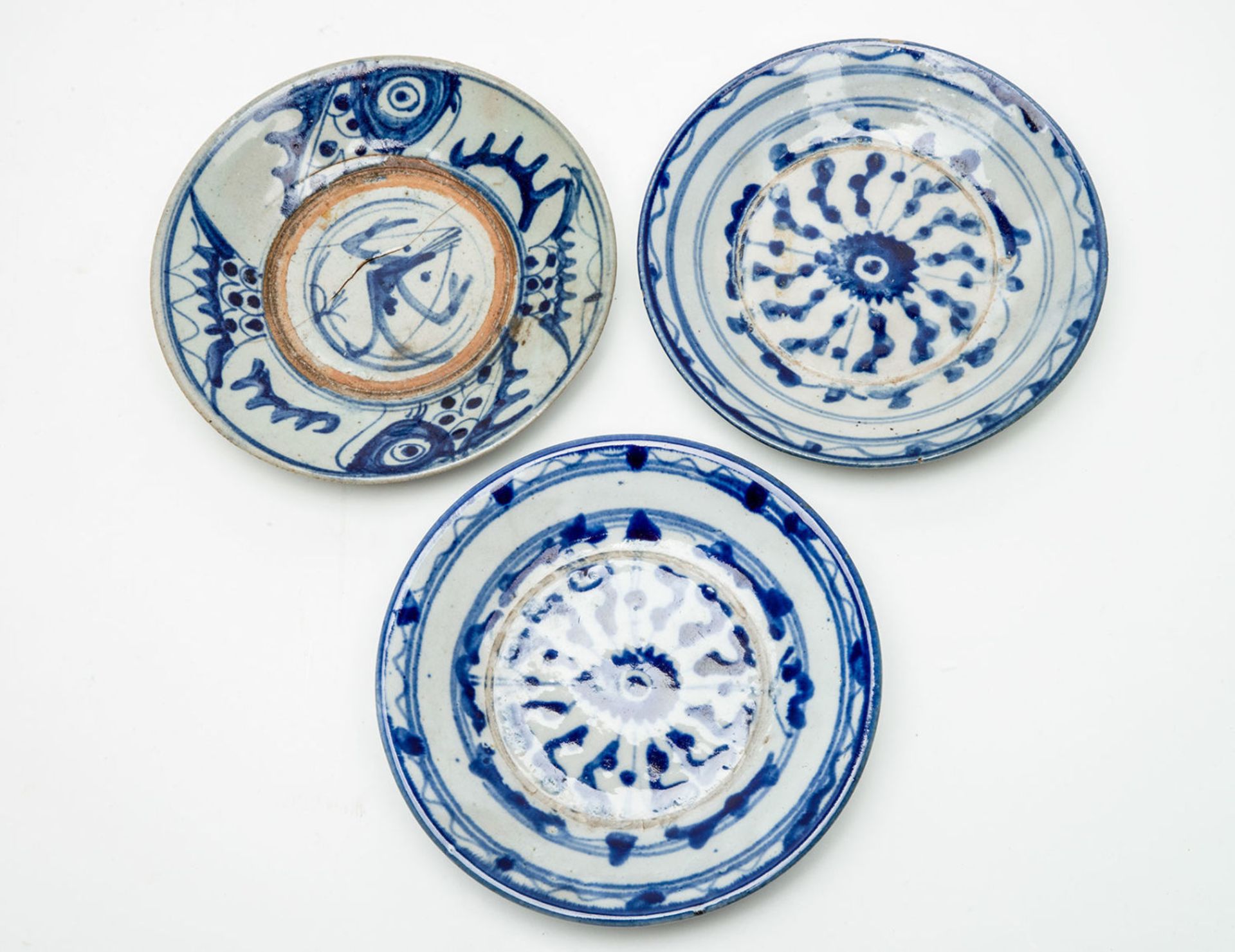 Three Antique Korean Blue and White Porcelain Plates