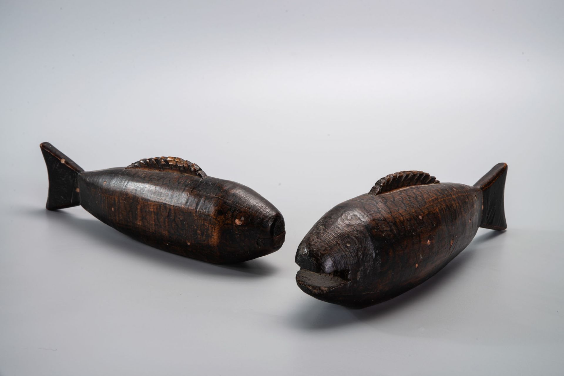 A Pair of Antique Hand Carved Wood Koi Good Fortune Fish, Japan or Korea, 19th Century