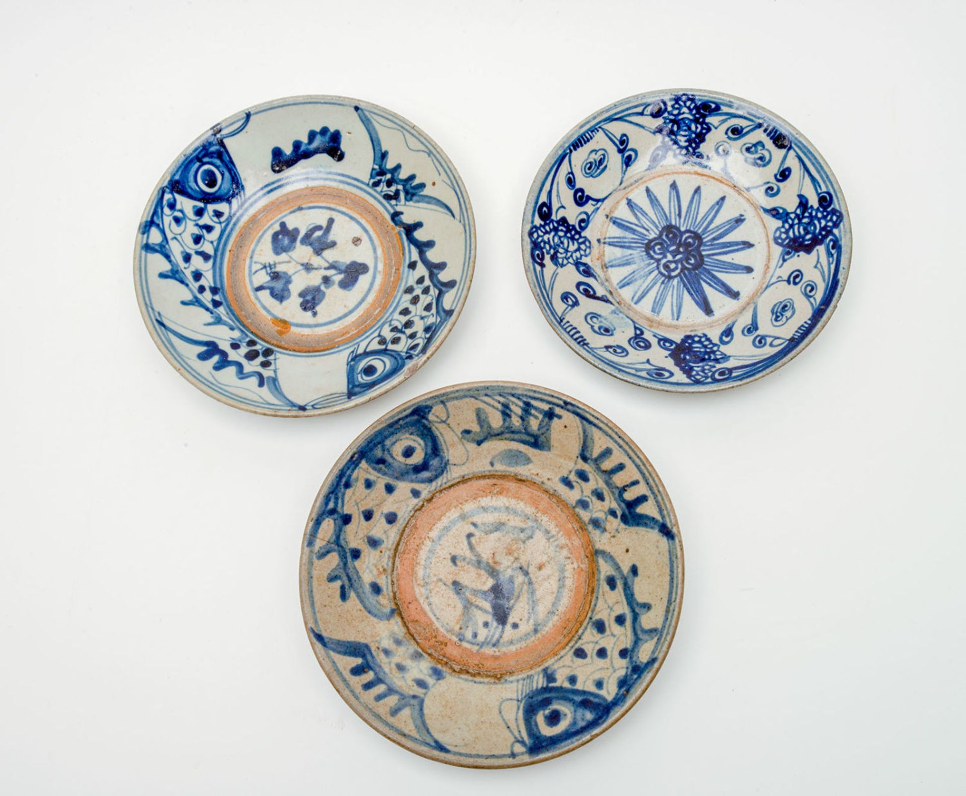 Three Antique Korean Blue and White Porcelain Plates