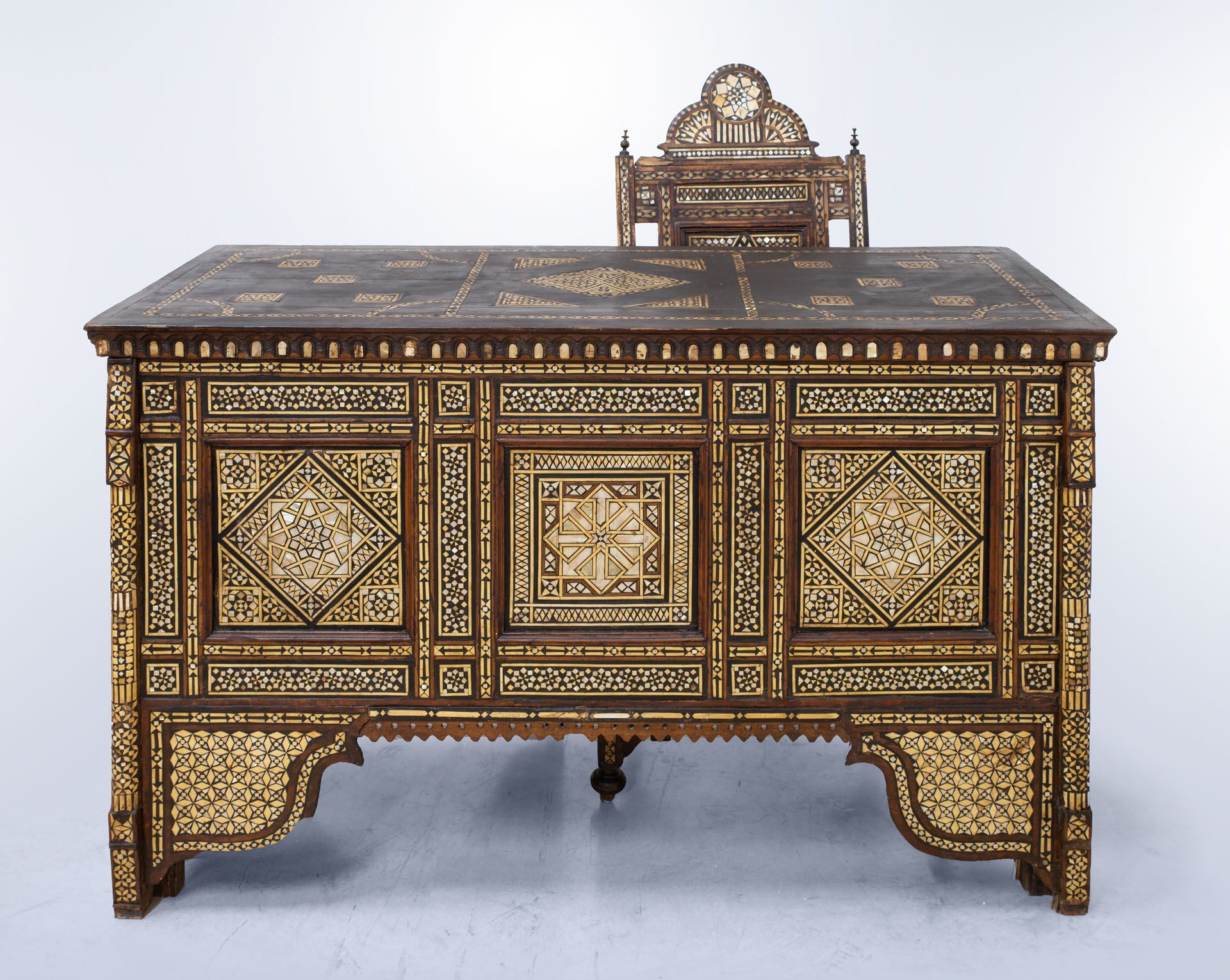 A Fine Damascene Wood and Bone and Mother of Pearl Writing Desk and Chair, ca 1900