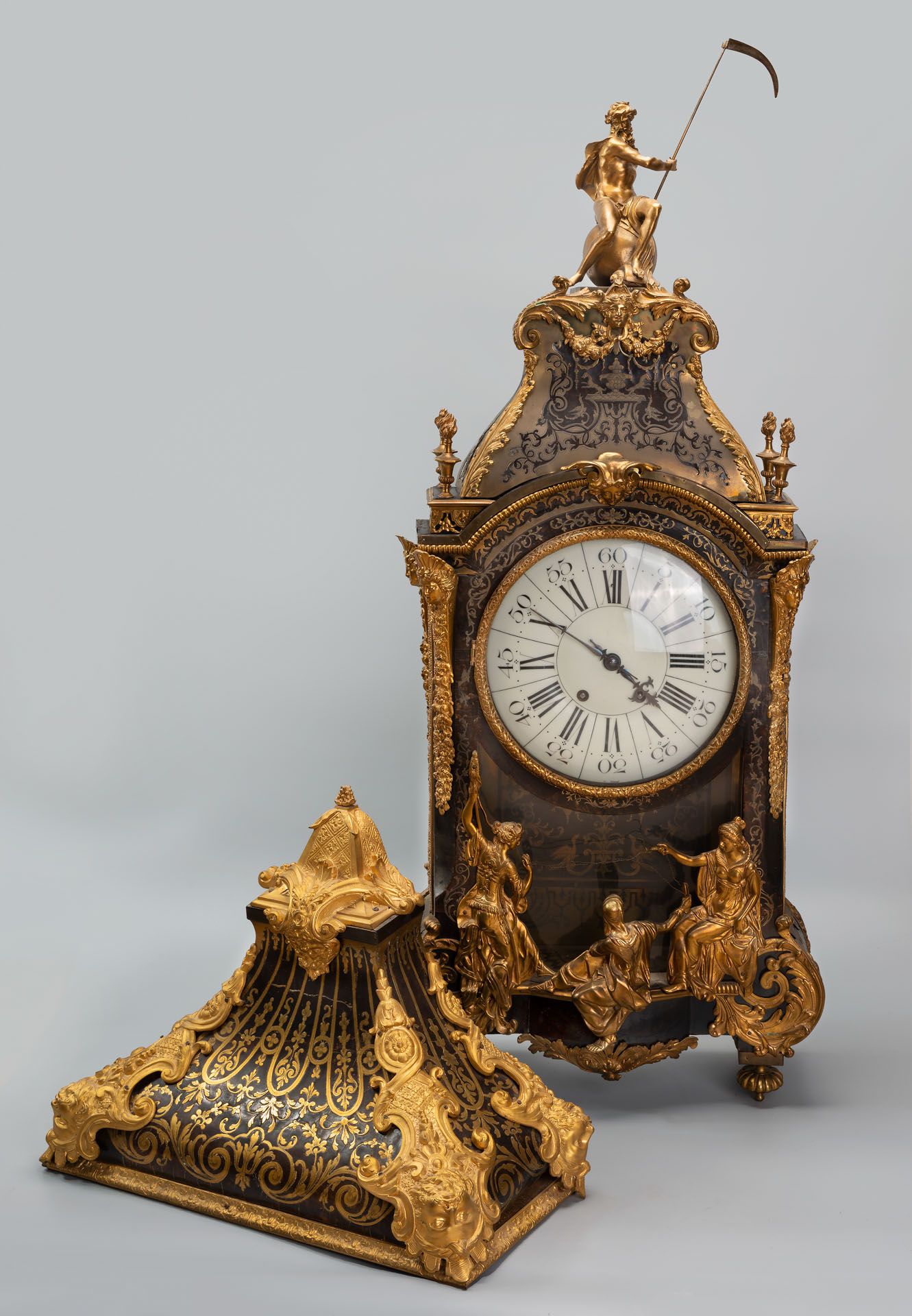 An Fine Boulle Style Wood and Gilt Bronze Ormolu Console Clock, France, Mid 18th Century