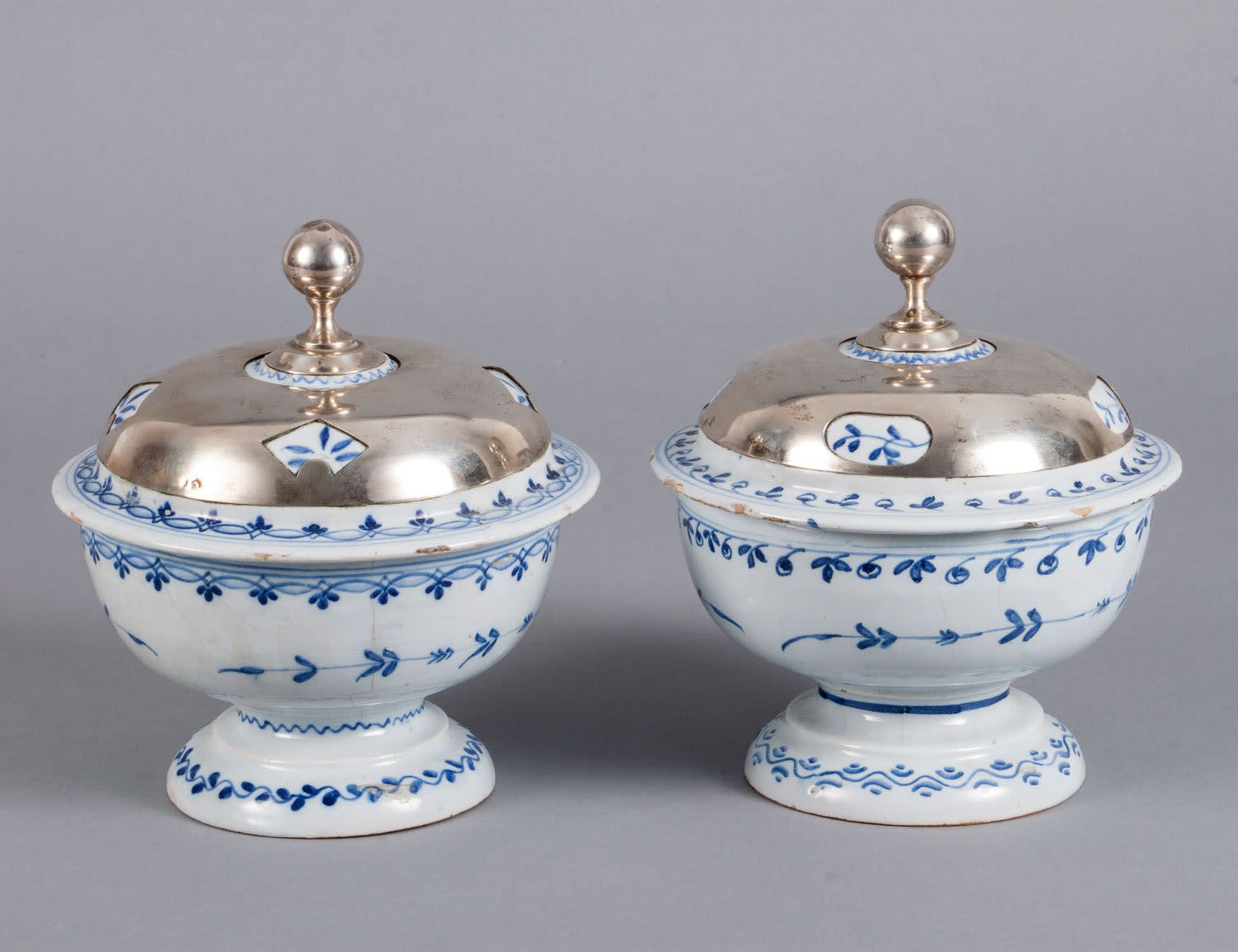 A Pair of Dutch Delft Bowls with Fitted Silver Lids, Portugal, Late 18th Century/Early 19th Century