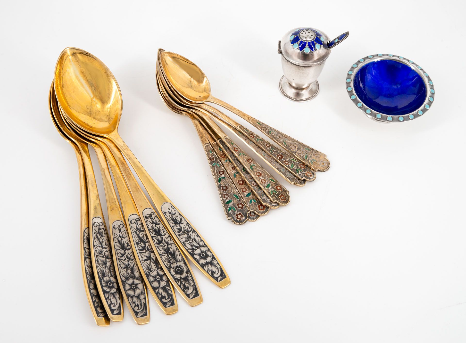 A Mixed Lot of Silver and Silver Gilt Niello and Cloisonné Cutlery, Russia, 1930's