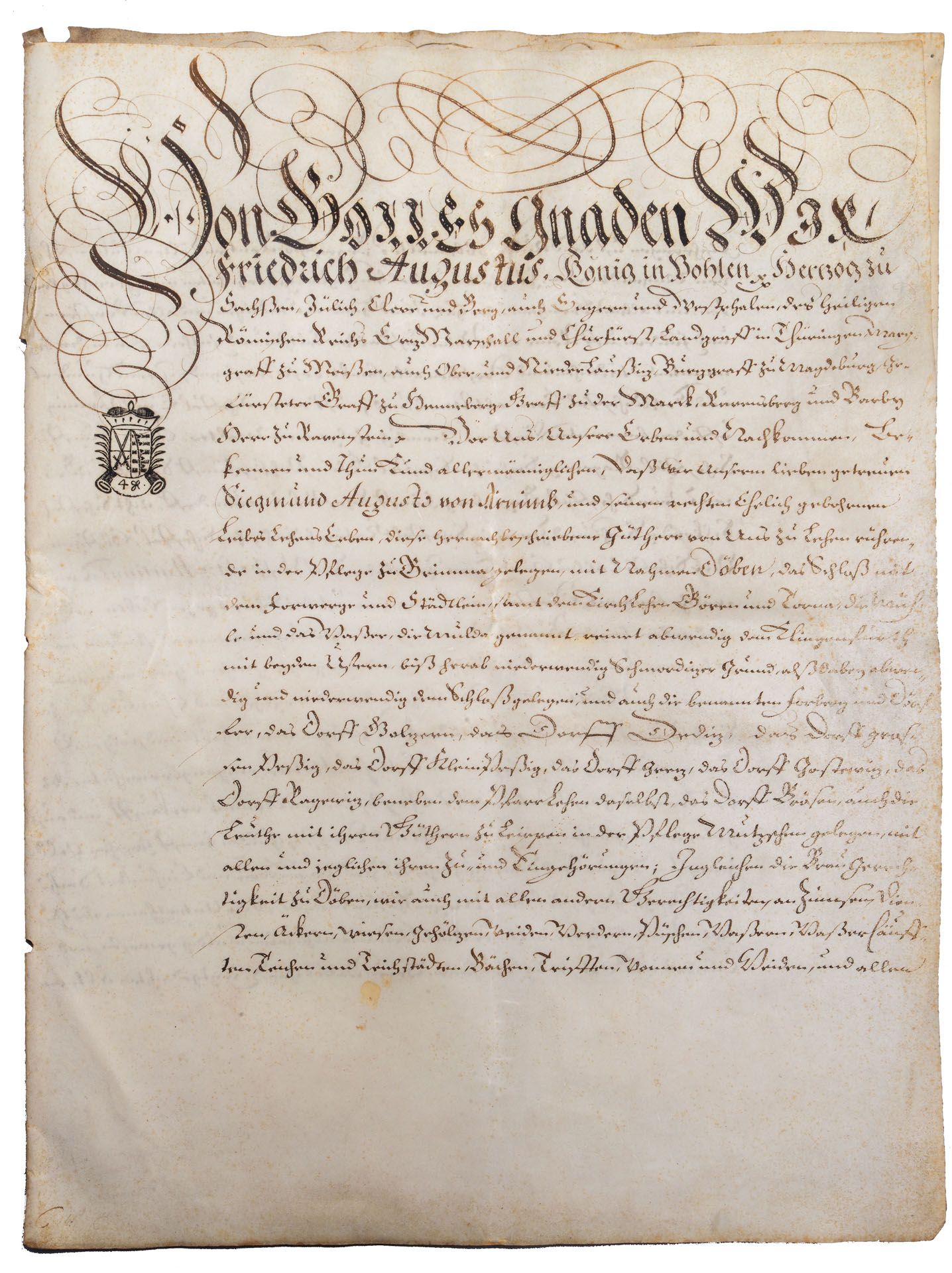 A Royal Document by Fredrich Augustus the II (Augustus the strong 1670 -1733) on Vellum Dated 1710