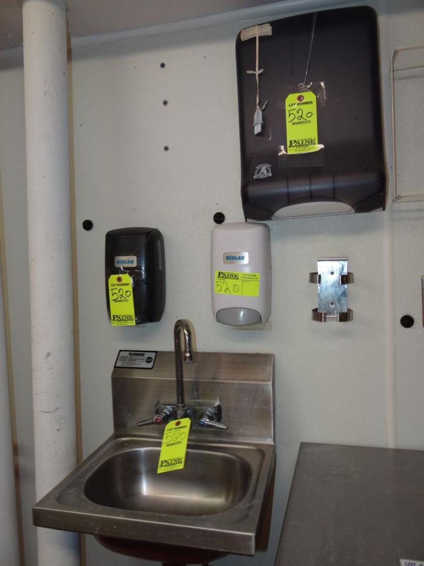 (1) Advance Tabco Hand Sink, 2 ECOLAB Dispensers, 1 Hand Towel Dispenser