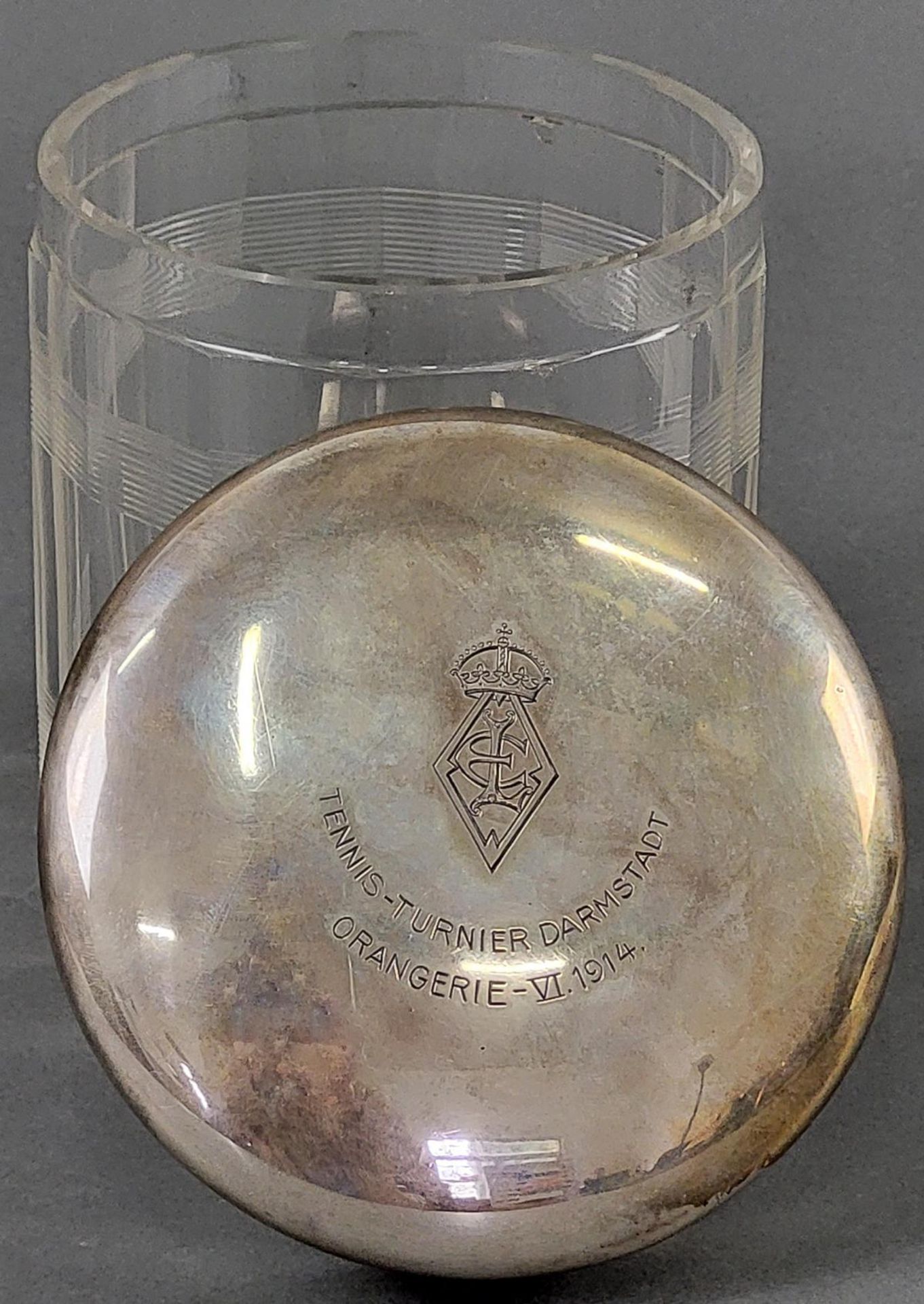 Rundes Kristallgefäß mit Silberdeckel und Gravur - Bild 2 aus 5
