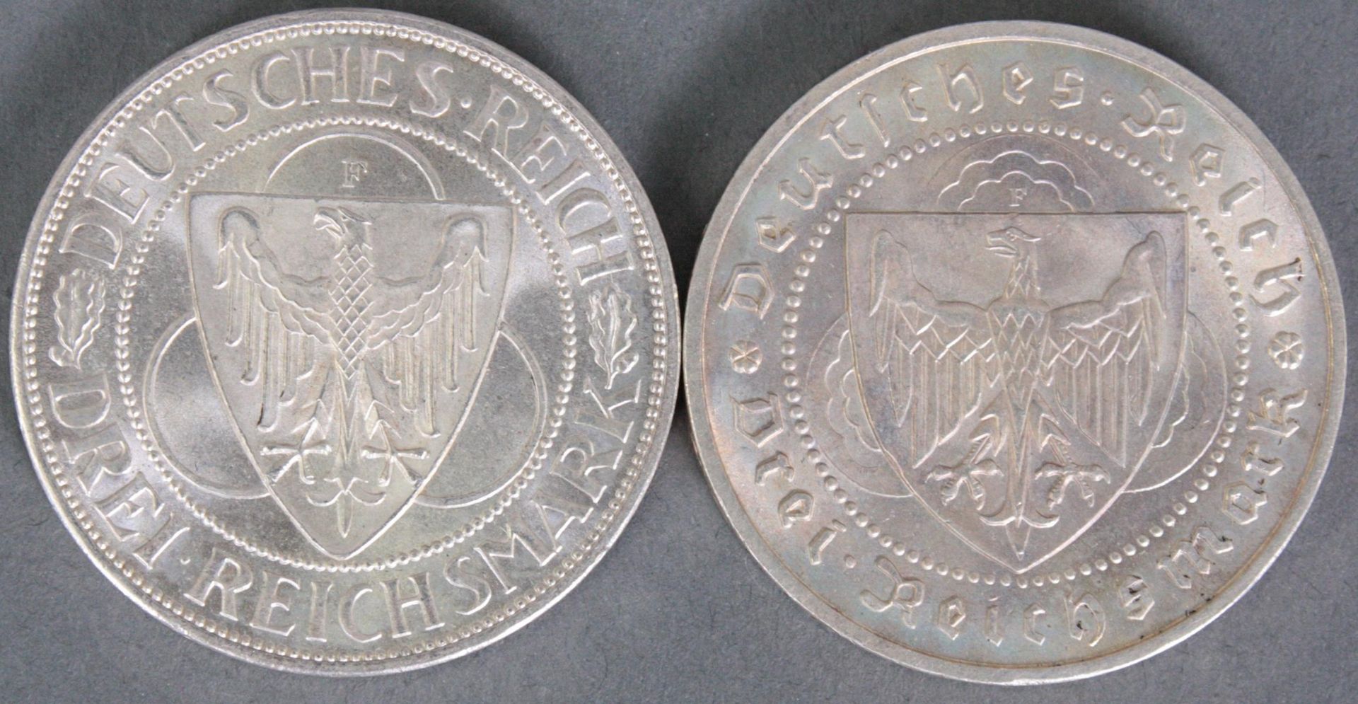 2x 3 Reichsmark 1930, beide Prägebuchstaben F - Image 2 of 2