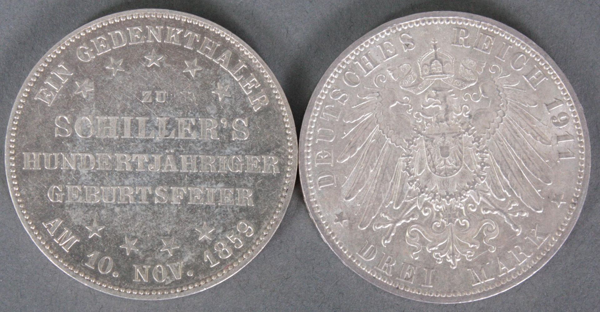 3 Mark Hamburg 1914 und Schiller Gedenktaler 1859 Frankfurt - Bild 2 aus 2