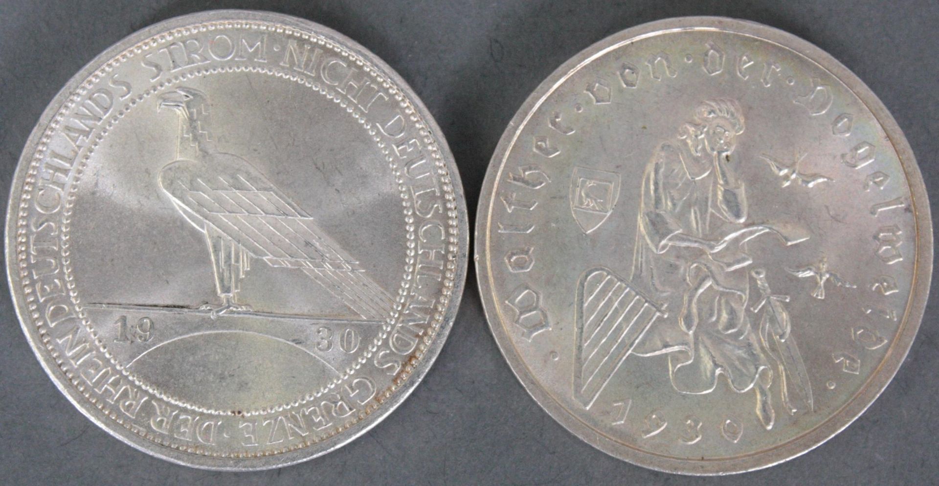 2x 3 Reichsmark 1930, beide Prägebuchstaben F