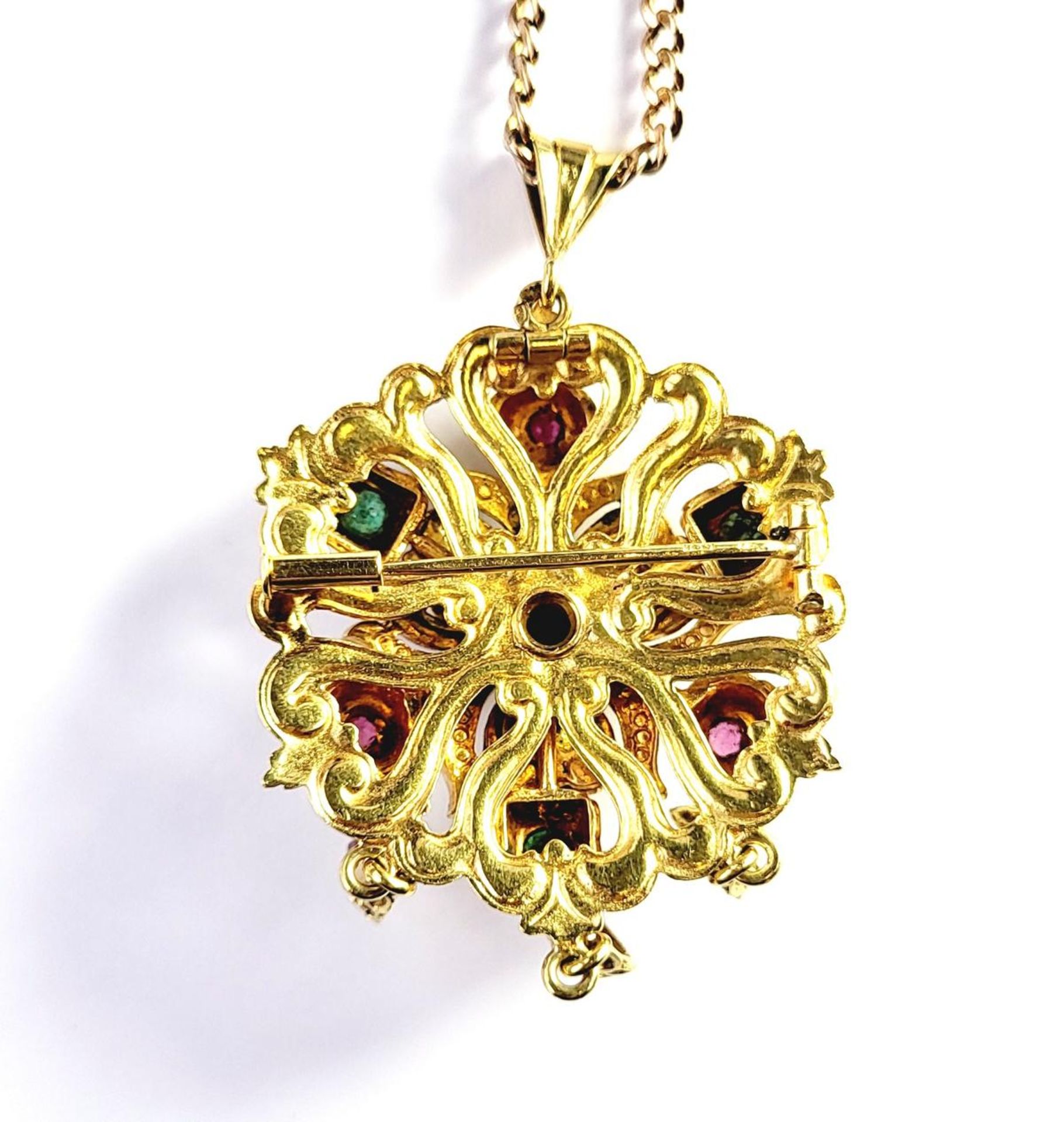 Anhänger/Brosche aus 18 Karat Gelbgold mit Edelsteinen an 8 Karat Gelbgoldkette - Image 3 of 3