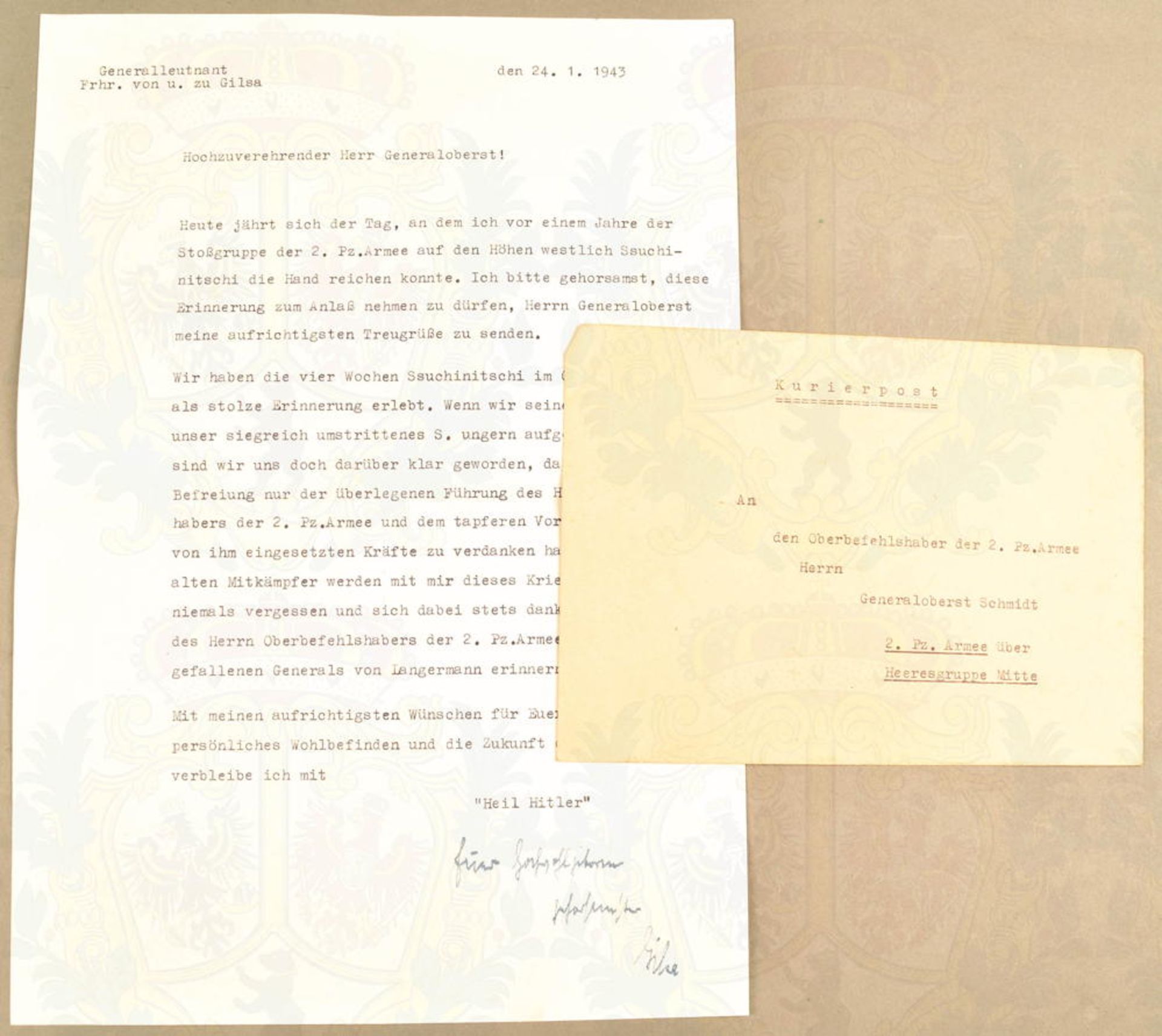 Army letter Lieutenant General Werner von und zu Gilsa 1943