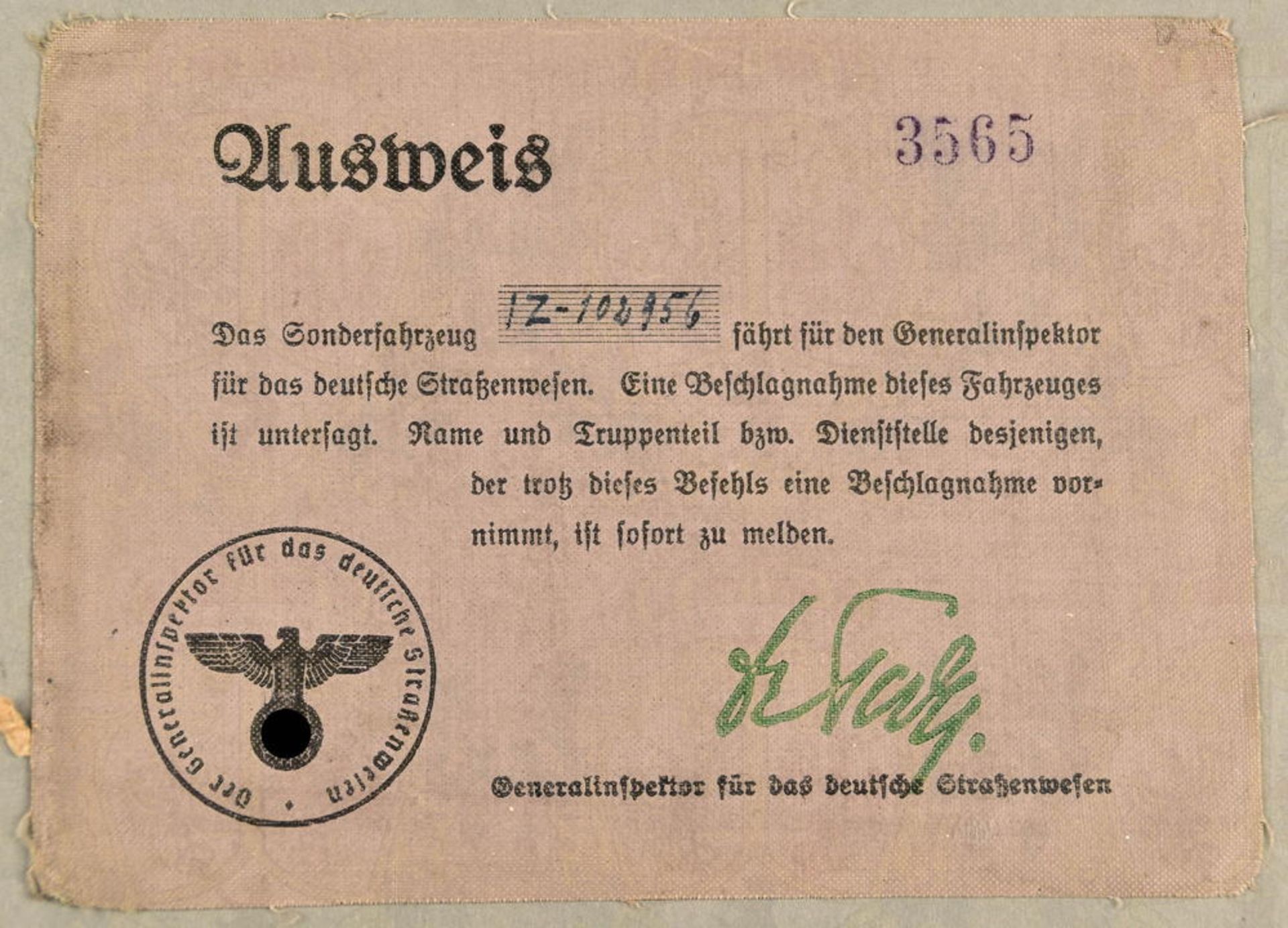 KFZ-Sonderausweis Organisation Tod, m. Stempel-U. "Dr. Todt", Ln. m. Dienststempel, bez. "...