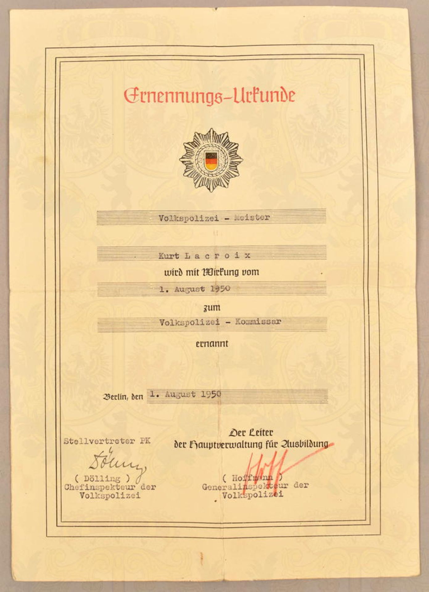 Original signature of Army General Heinz Hoffmann