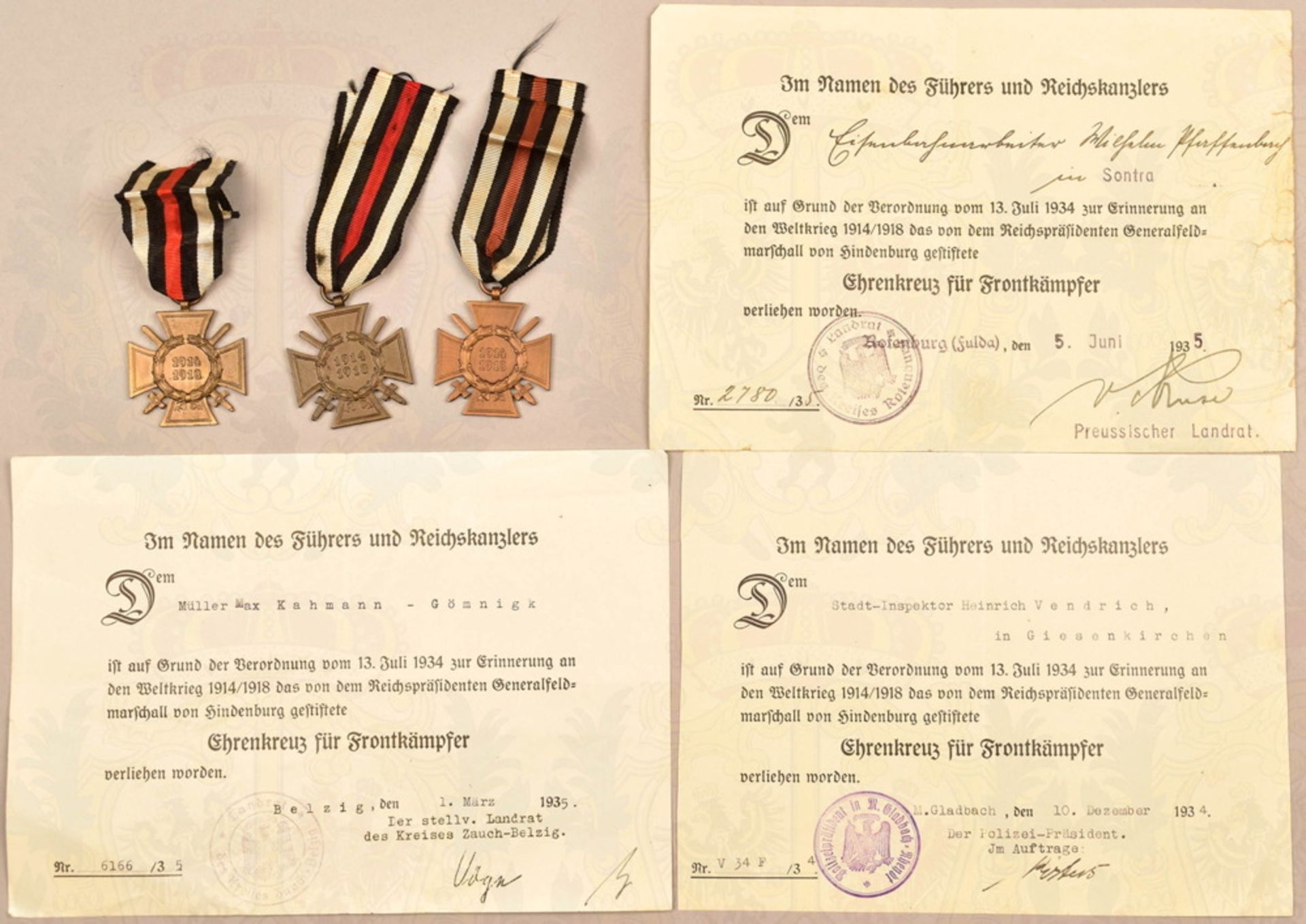 3 Ehrenkreuze Frontkämpfer 1914/18 mit Urkunden